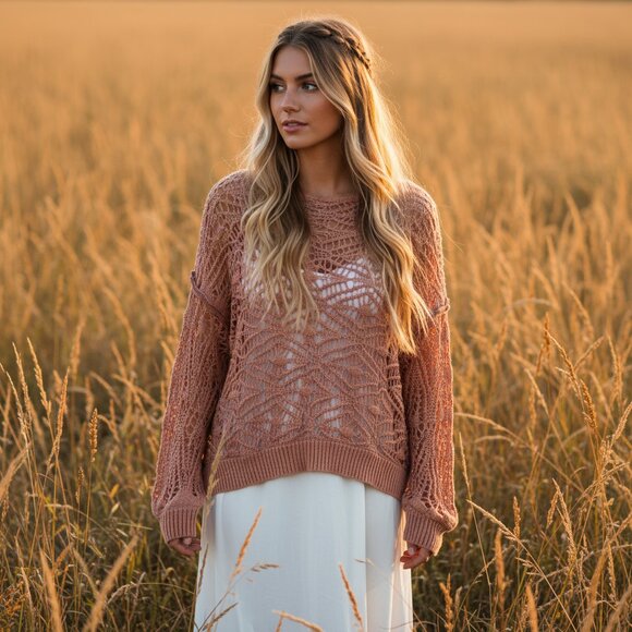 NWT $79 ELAN boho loose knit crochet sweater cinnamon M - Picture 2 of 8